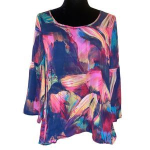Spense Multicolor Abstract Top With 3/4 Length Bell Sleeves Size M